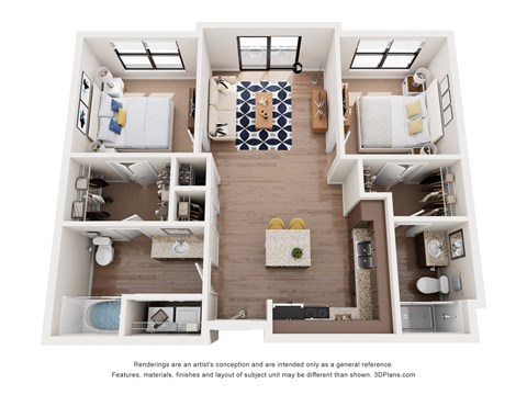 Floor plan for 2 beds, 2 baths, 927 sqft